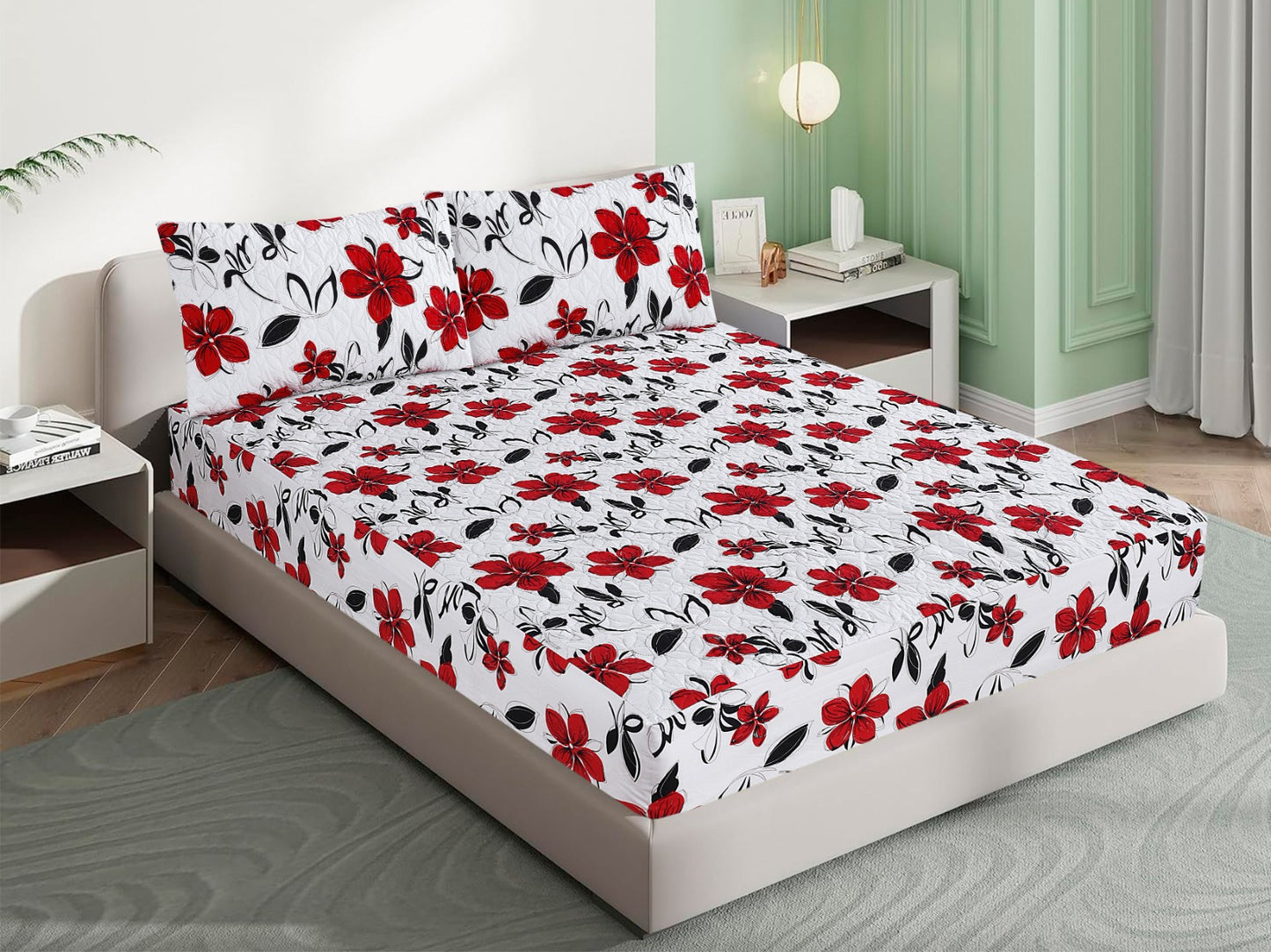 Mat Printed Quilted Ultrasonic 100% Waterproof Mattress Cover For Double Bed Fitted Mattress Protector Anti Sleep Bed Sheet With Pillow Cover (red flower)