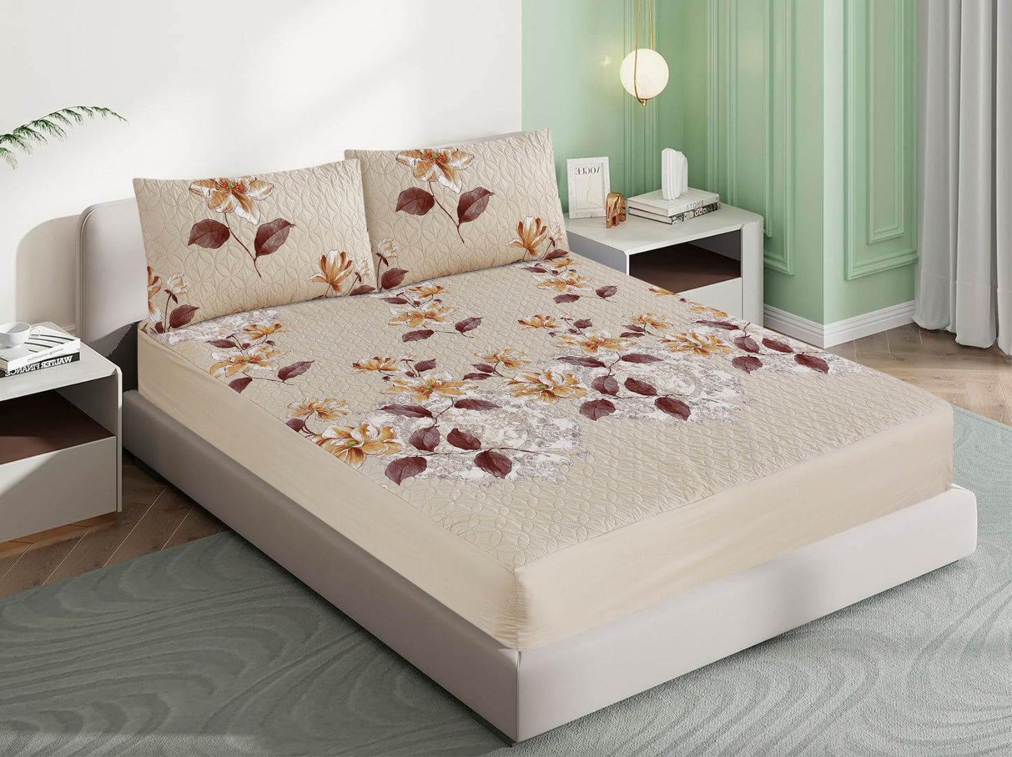 Mat Printed Quilted Ultrasonic 100% Waterproof Mattress Cover For Double Bed Fitted Mattress Protector Anti Sleep Bed Sheet With Pillow Cover (coffee flower)