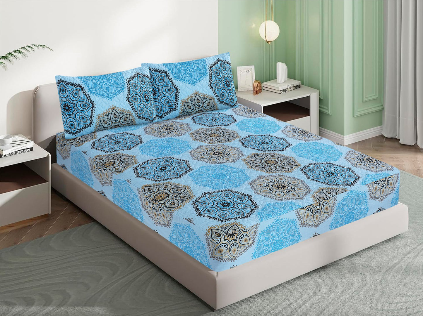 Mat Printed Quilted Ultrasonic 100% Waterproof Mattress Cover For Double Bed Fitted Mattress Protector Anti Sleep Bed Sheet With Pillow Cover (zink classic shade)