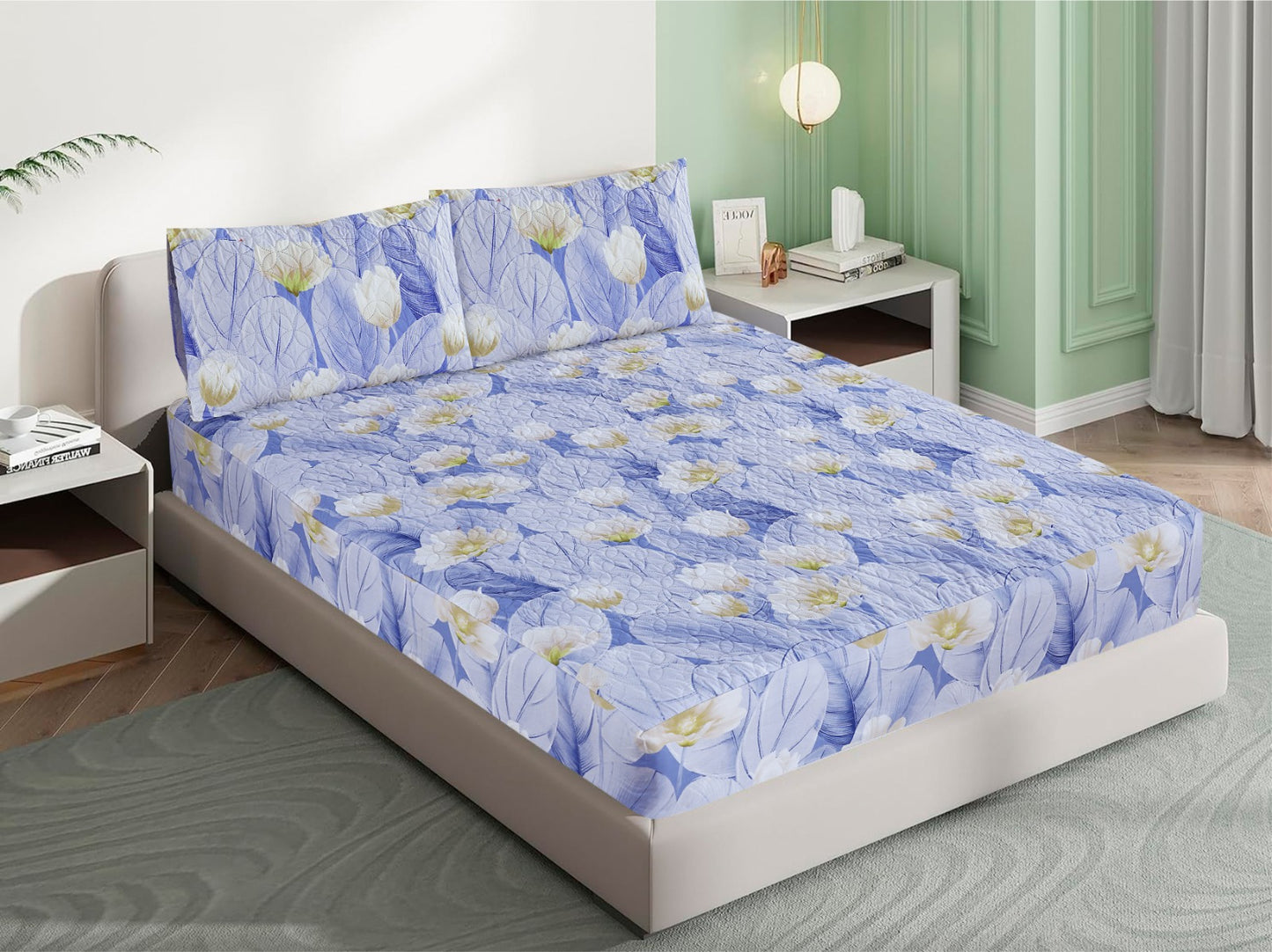 Mat Printed Quilted Ultrasonic 100% Waterproof Mattress Cover For Double Bed Fitted Mattress Protector Anti Sleep Bed Sheet With Pillow Cover (sky blue shade)