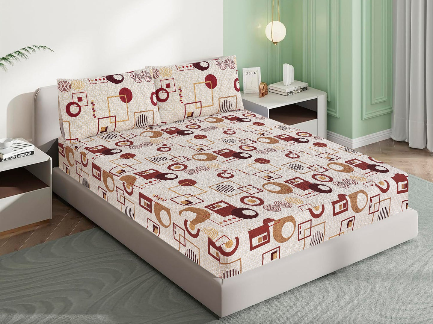 Mat Printed Quilted Ultrasonic 100% Waterproof Mattress Cover For Double Bed Fitted Mattress Protector Anti Sleep Bed Sheet With Pillow Cover (orange circle shade)