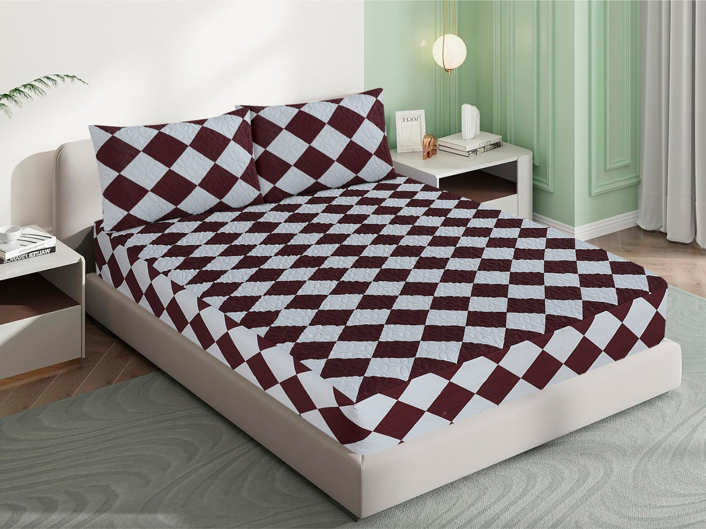 Mat Printed Quilted Ultrasonic 100% Waterproof Mattress Cover For Double Bed Fitted Mattress Protector Anti Sleep Bed Sheet With Pillow Cover (brown and white square)